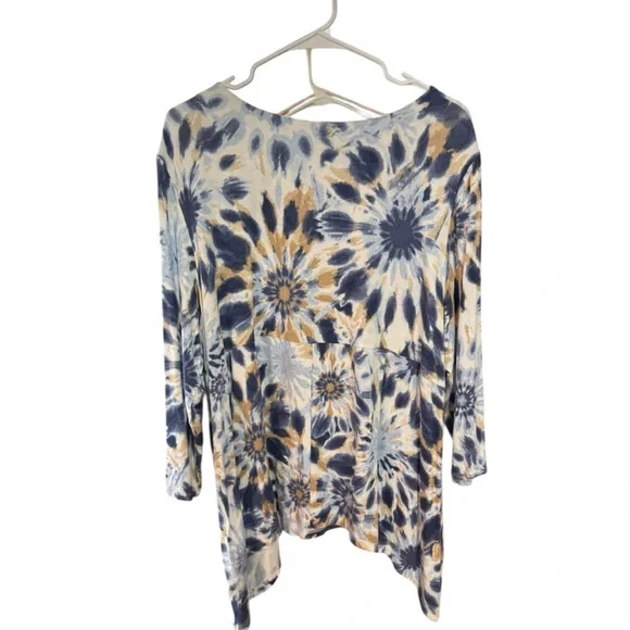 Ruby Rd. Blue & Gold Tie Dye Sharkbite Hem Tunic Top Size XL NWOT - Picture 3 of 7